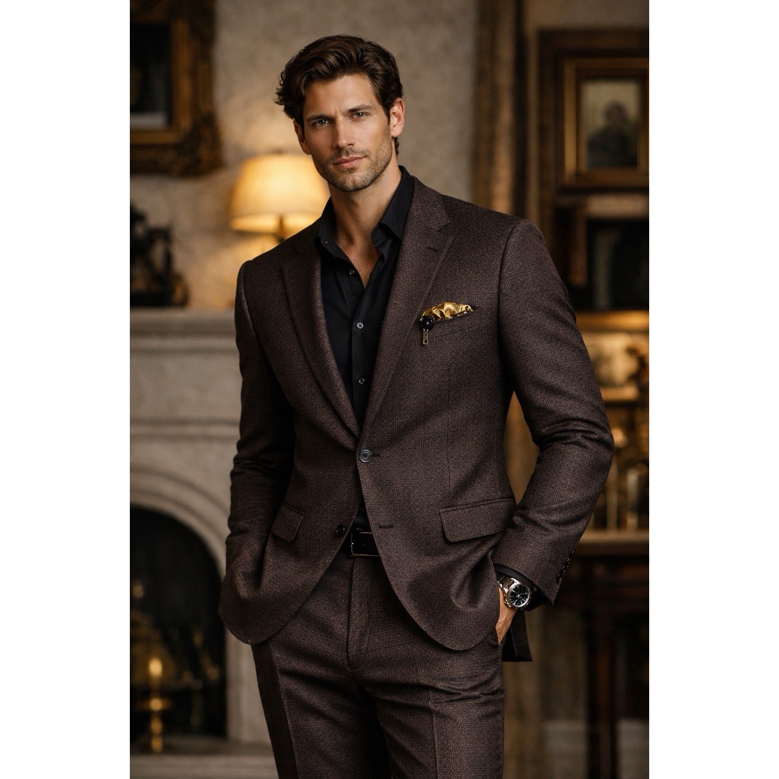 Versace Suit Brown Geometric Linen Blend Classic Fit Italian Two Piece 42l